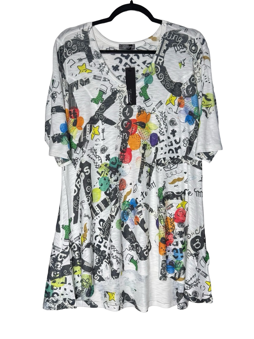 Inoah Womens Sz Large Abstract Art Top Colorful kids Doodle Graphic Stretch NWT